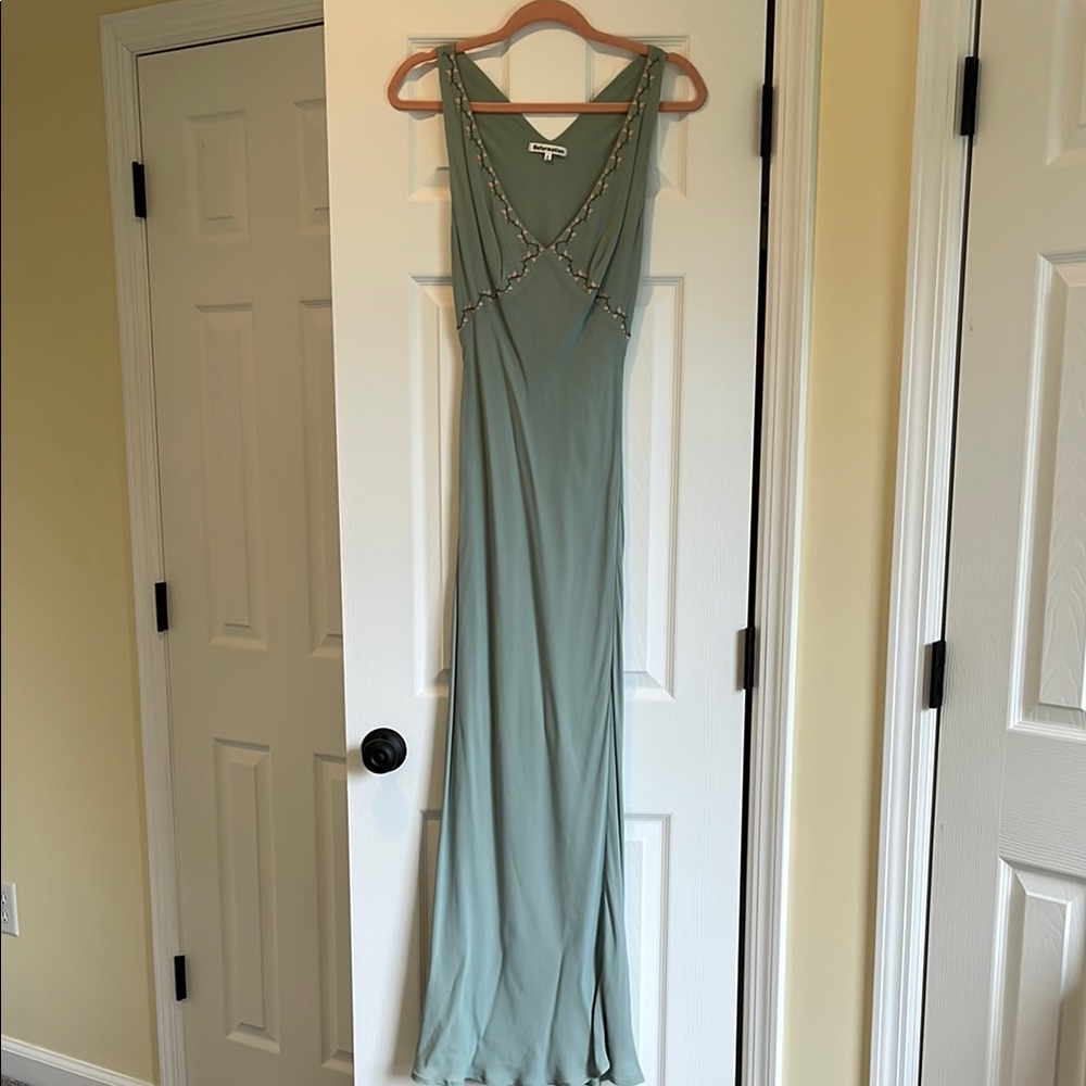 Reformation Green Maxi Gown with Embroidery